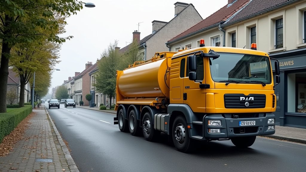 Camion épaviste jaune sur la rue de la ville.
