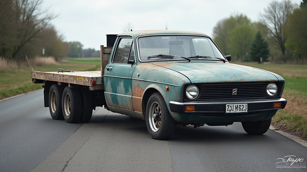 Véhicule ancien et rouillé sur la route, service épaviste lors d'interventions de remorquage de voitures abandonnées ou accidentées.
