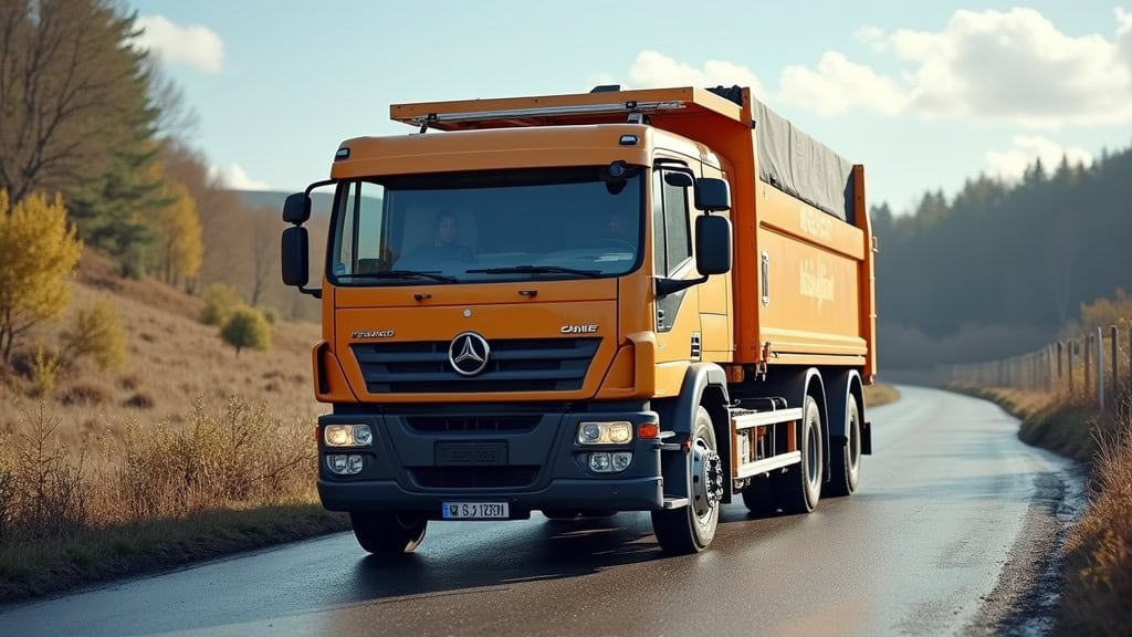 Camion de dépannage poids lourd en action sur route rurale.