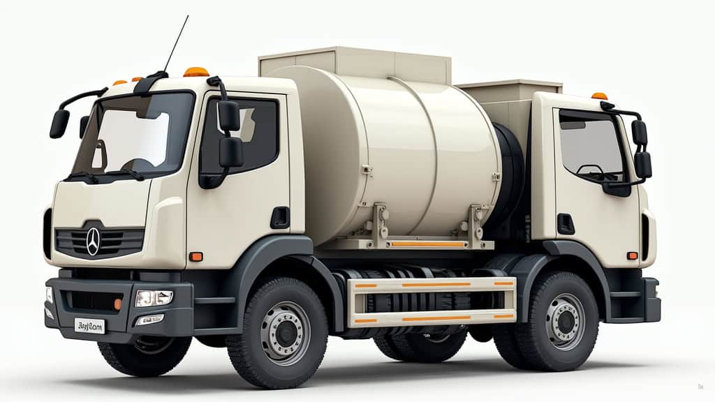 Camion épaviste Mercedes avec benne à ordures.