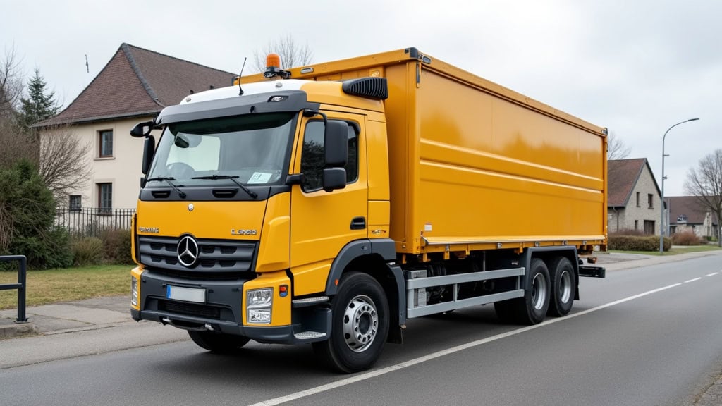 Description alternative: Véhicule épave Mercedes-Benz jaune en service, spécialisé dans la destruction et le dépannage.
