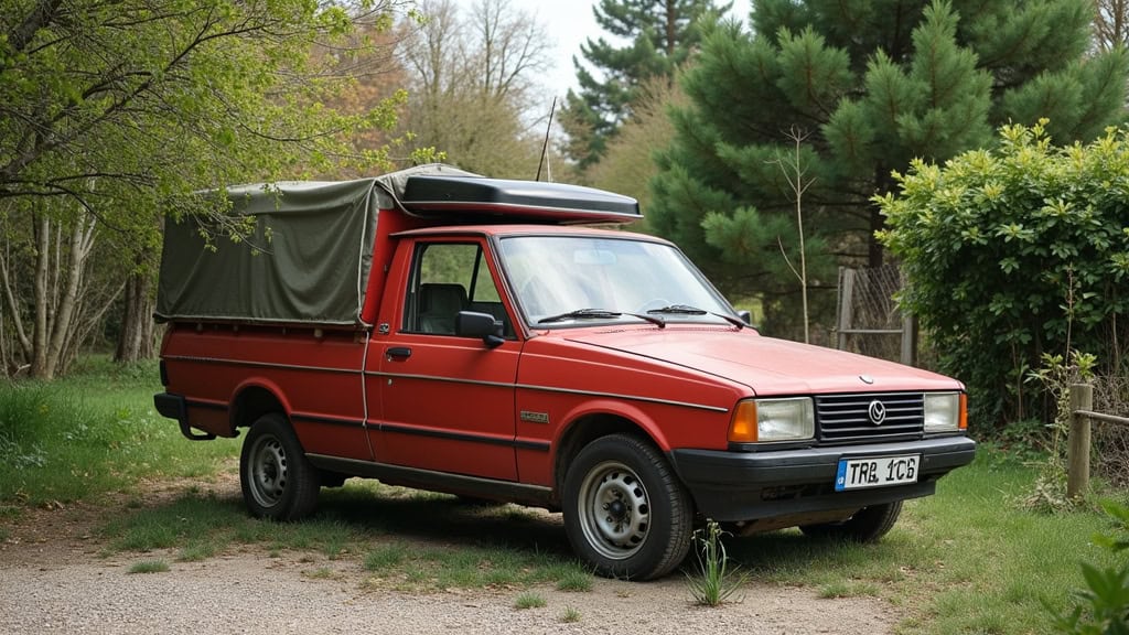 Alt text: Véhicule utilitaire rouge ancien stationné dans un espace vert naturel.