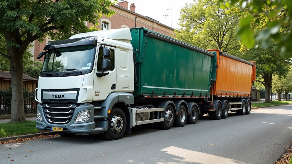 Camion épaviste avec remorques vertes et oranges pour l'enlèvement d'épaves dans le Nord de la France.