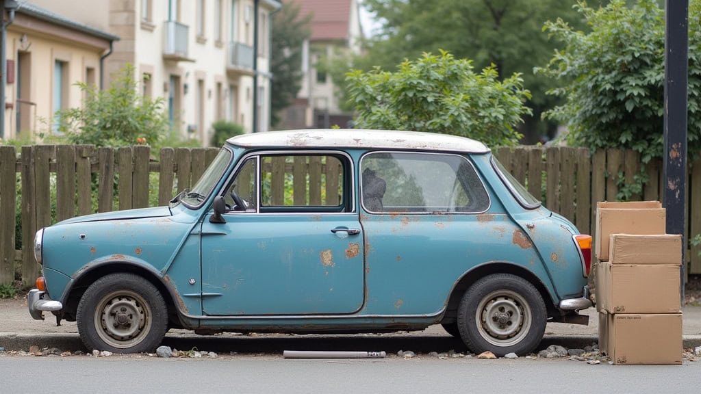 Vieux véhicule en mauvais état prêt à être recyclé par épaviste professionnel.