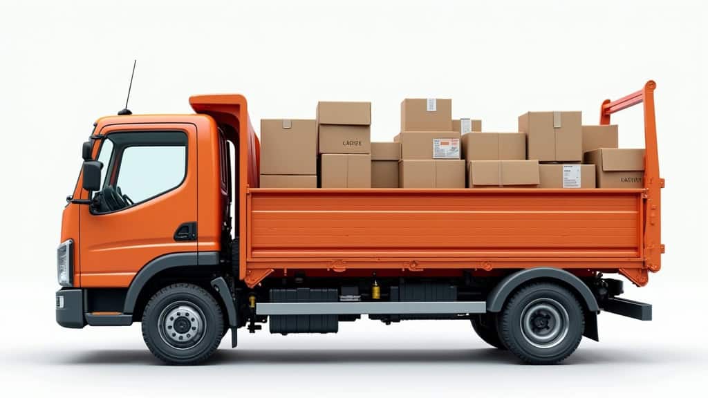 Un camion de déménagement orange chargé de cartons prêts à être transportés.