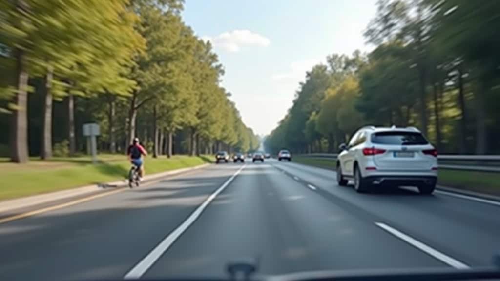 Voiture en déplacement sur l'autoroute avec voie cyclable, service épaviste Nord pour enlèvement d'épaves.