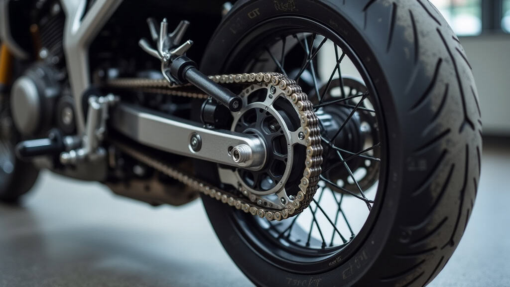 Application correcte de la graisse à chaîne de moto sur la face interne des maillons, avec une brosse et un aérosol