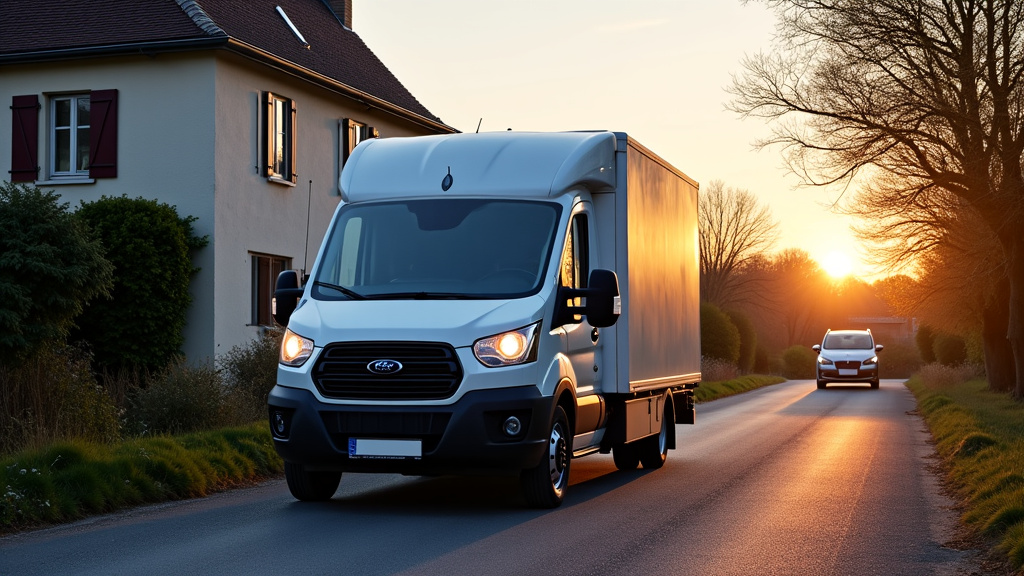 Camion de remorquage professionnel chargeant une épave de voiture rouillée devant une maison à Cappelle-la-Grande, au petit matin, soulignant un service rapide et discret.