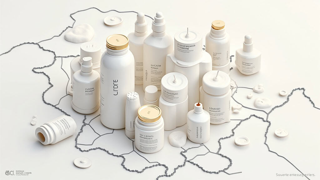 Contenants cosmétiques blancs sur carte de France.
