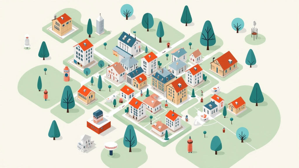 Image d'une ville avec plusieurs maisons, arbres et épaves de voitures pour optimisation SEO.