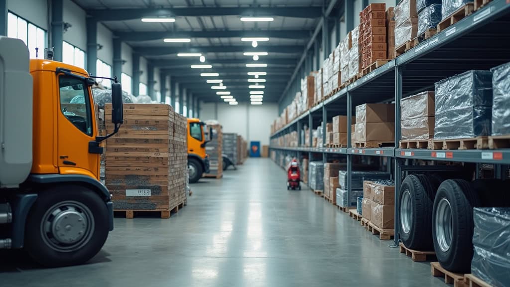 Camions de déchets et produits recyclés dans un entrepôt industriel.