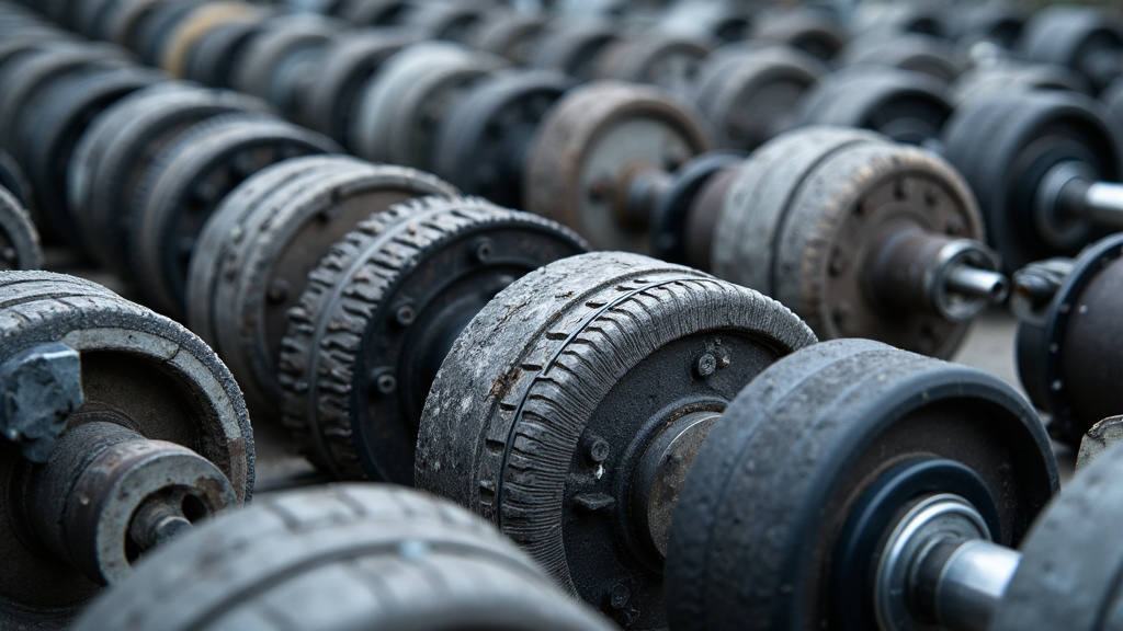 Des composants de véhicules usagés (moteur, pneus, métaux) en cours de tri et de recyclage dans un centre VHU, illustrant l