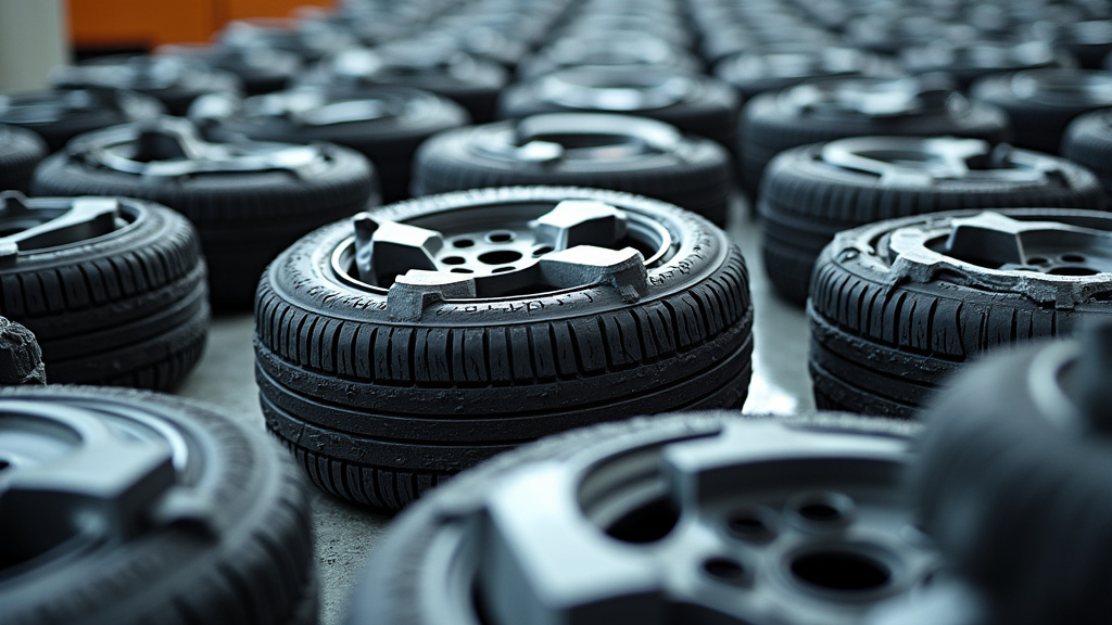 Des composants de voiture recyclés, comme des pièces métalliques et des pneus, sont soigneusement empilés dans un centre de traitement, illustrant le processus de recyclage après l