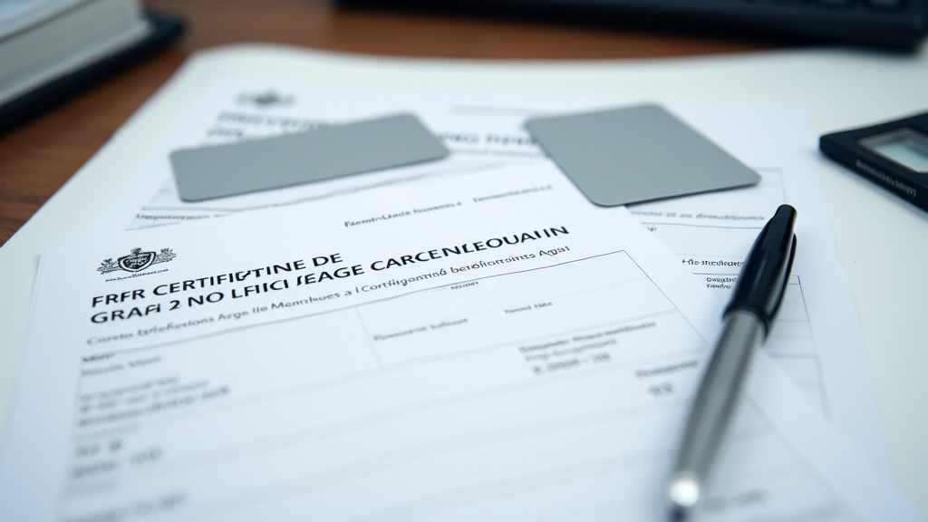 Des documents officiels, dont un certificat de non-gage et une carte grise, posés sur un bureau, illustrant les démarches administratives pour l