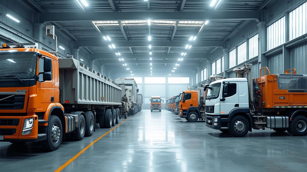 Remorque industrielle dans un entrepôt de camions.