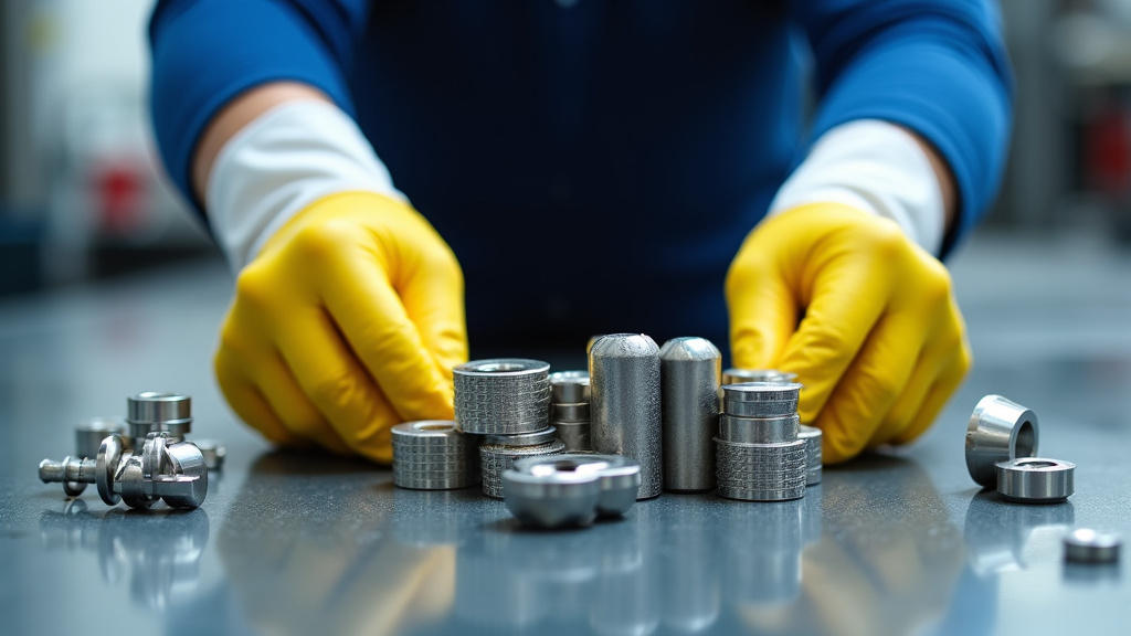 Des mains gantées de protection manipulent des pièces métalliques rouillées et des rebuts de véhicule, symbolisant le processus de dépollution et de recyclage des épaves.