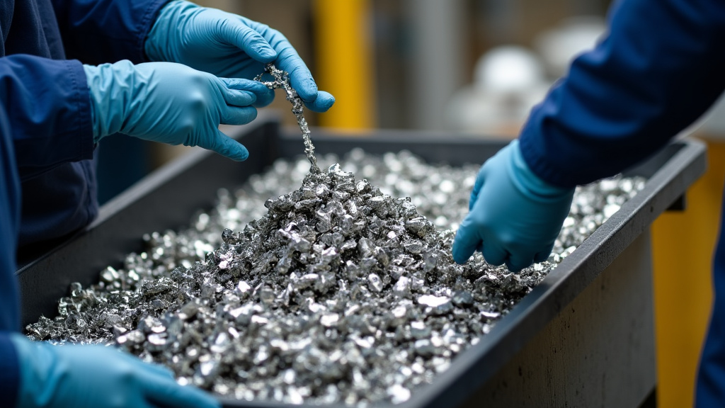 Des mains gantées triant des déchets métalliques dans une installation de recyclage, avec un arrière-plan flou d