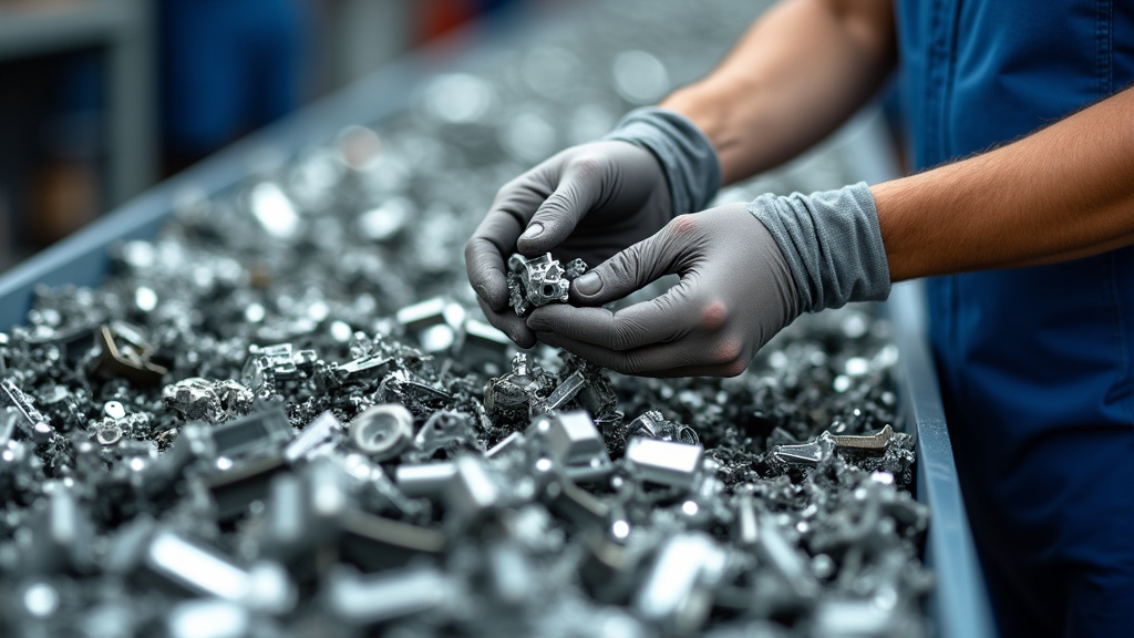 Des mains gantées trient des pièces automobiles métalliques et en plastique, les séparant pour un recyclage responsable dans une installation de traitement de VHU, symbolisant l