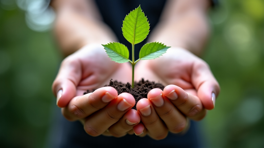 Des mains humaines tenant délicatement un petit plan de jeune arbre en croissance, symbolisant la protection de l
