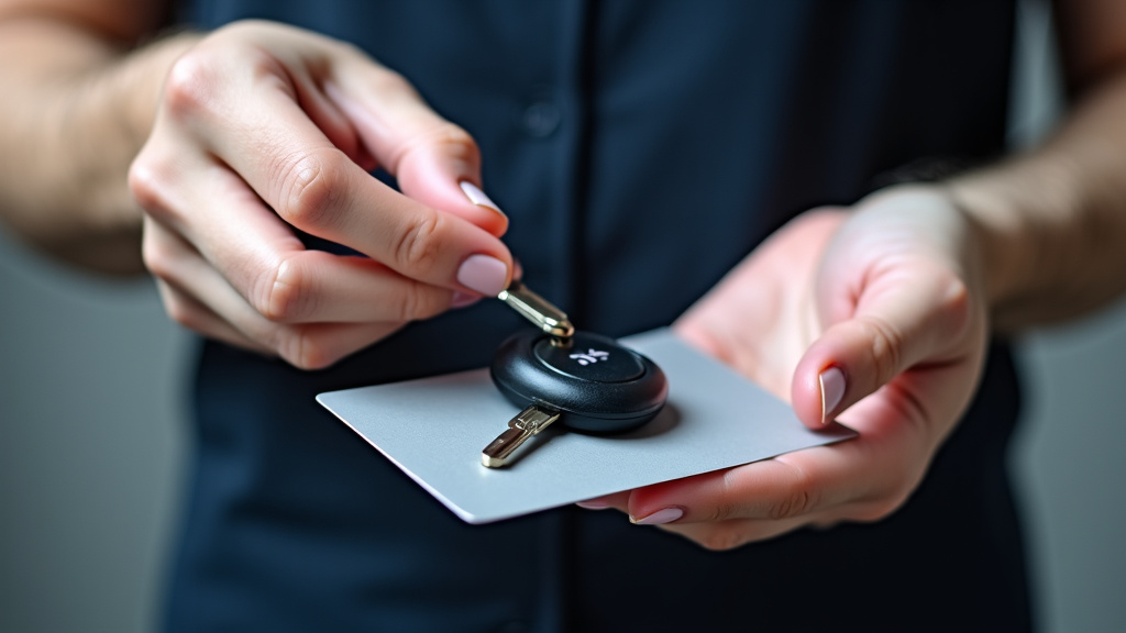 Des mains tenant des clés de voiture, une carte grise et d