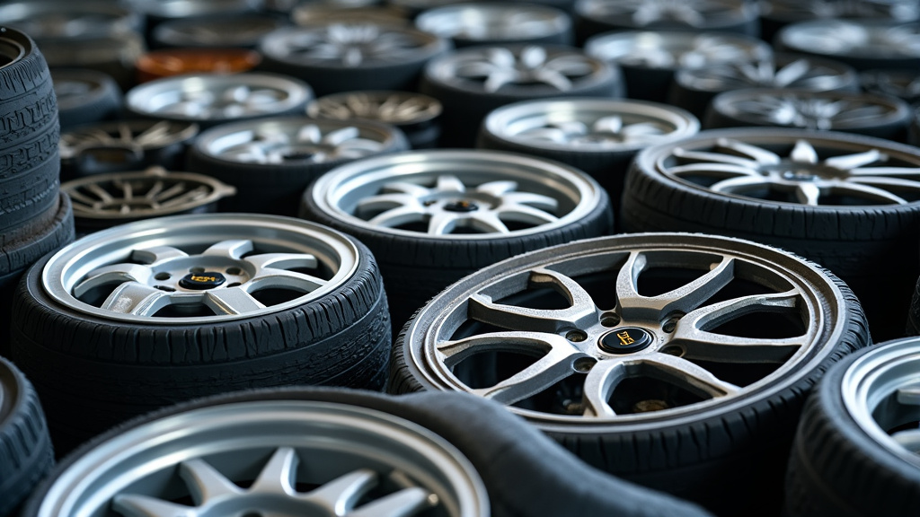 Des pièces automobiles diverses, comme des pneus, des jantes et des éléments métalliques, sont triées dans une usine de recyclage, montrant le processus de valorisation des épaves.