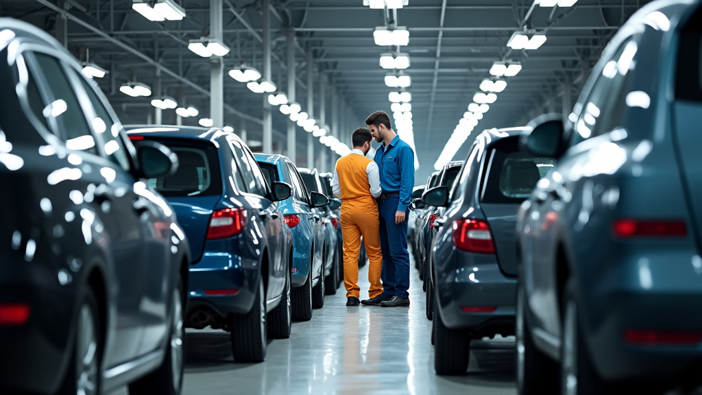 Des pièces automobiles triées, des bennes de recyclage et des ouvriers en action dans un centre de dépollution et de valorisation des VHU, illustrant l