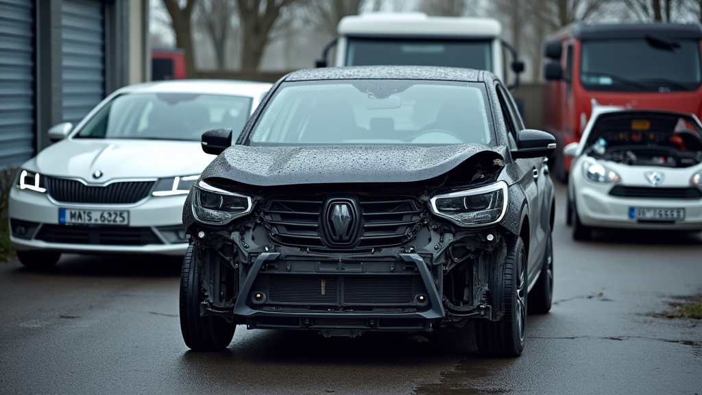 Des pièces de voiture triées et empilées dans un centre de recyclage VHU, montrant l