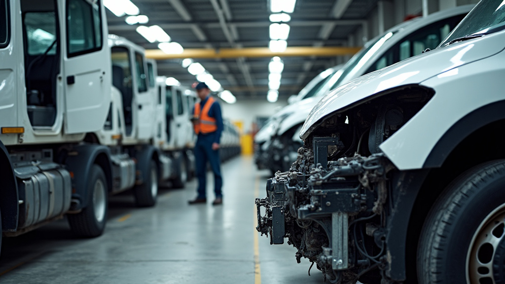 Des pièces de voitures recyclées et des métaux empilés dans un centre VHU, avec un ouvrier travaillant en arrière-plan, symbolisant le processus de recyclage écologique.