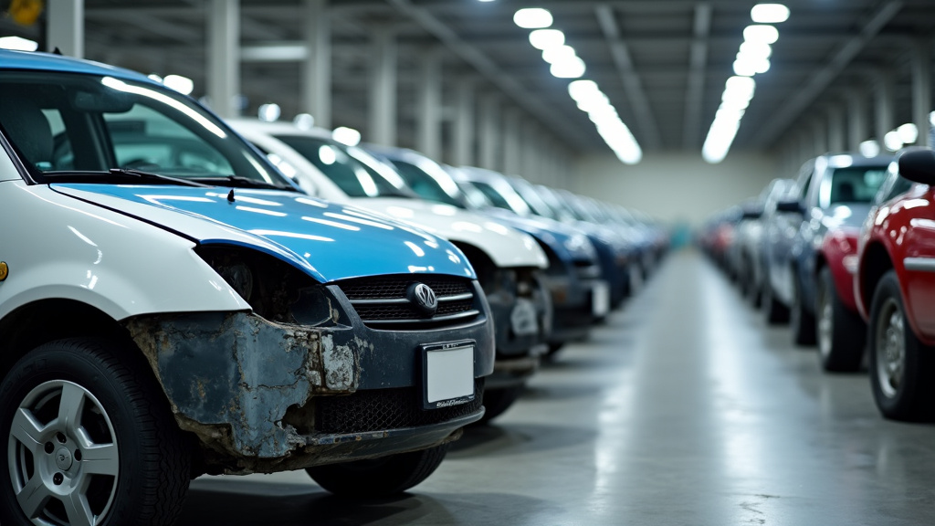 Des pièces de voitures recyclées et triées dans un centre de traitement VHU, montrant des métaux et autres matériaux prêts à être réutilisés.