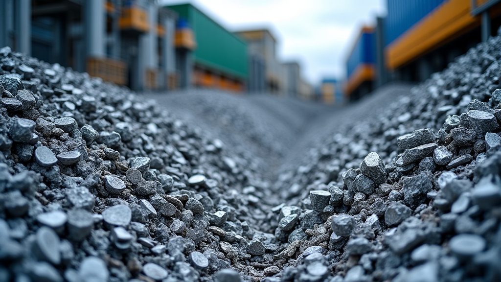 Des piles de métaux recyclés provenant de véhicules, avec une usine de recyclage en arrière-plan, symbolisant le processus de transformation des épaves pour la protection de l