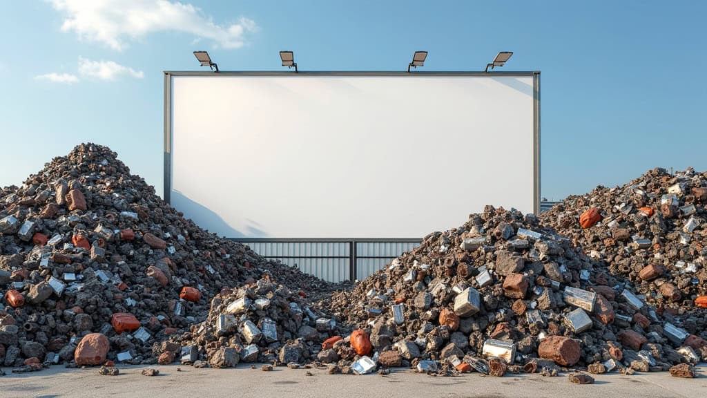 Des piles de métaux recyclés provenant de voitures, avec un panneau 