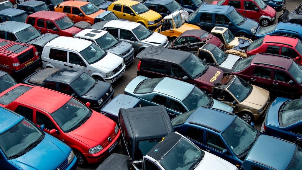 Des piles de pièces automobiles recyclées de différentes couleurs sont triées dans un centre de traitement de véhicules hors d