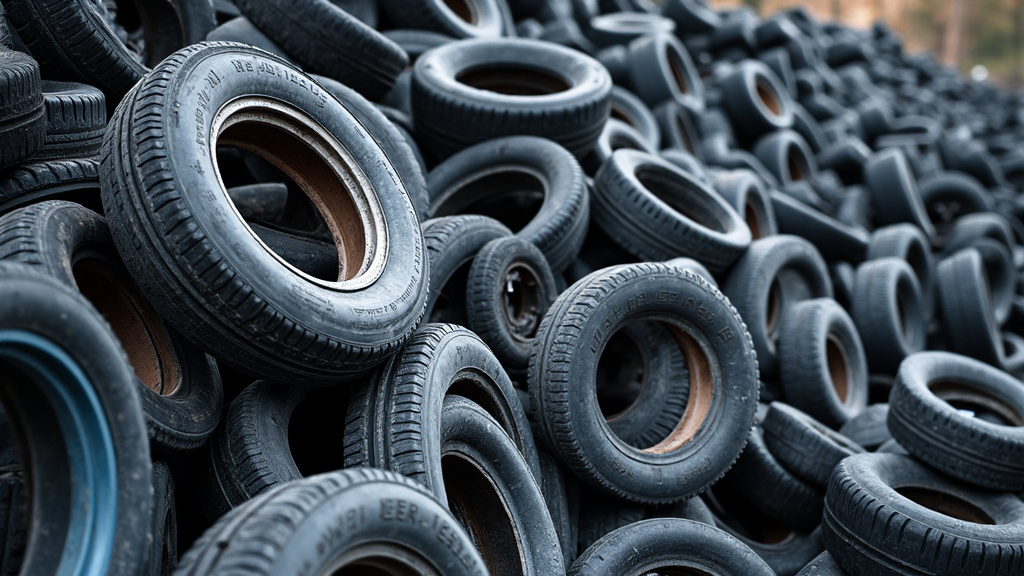 Des piles de pièces automobiles triées, dont des jantes et des pneus, dans un centre de recyclage VHU, illustrant la valorisation des matériaux.