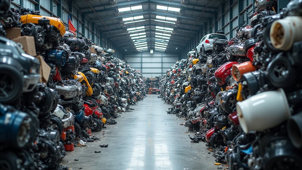 Des piles de pièces automobiles triées et organisées dans un centre de recyclage, montrant l
