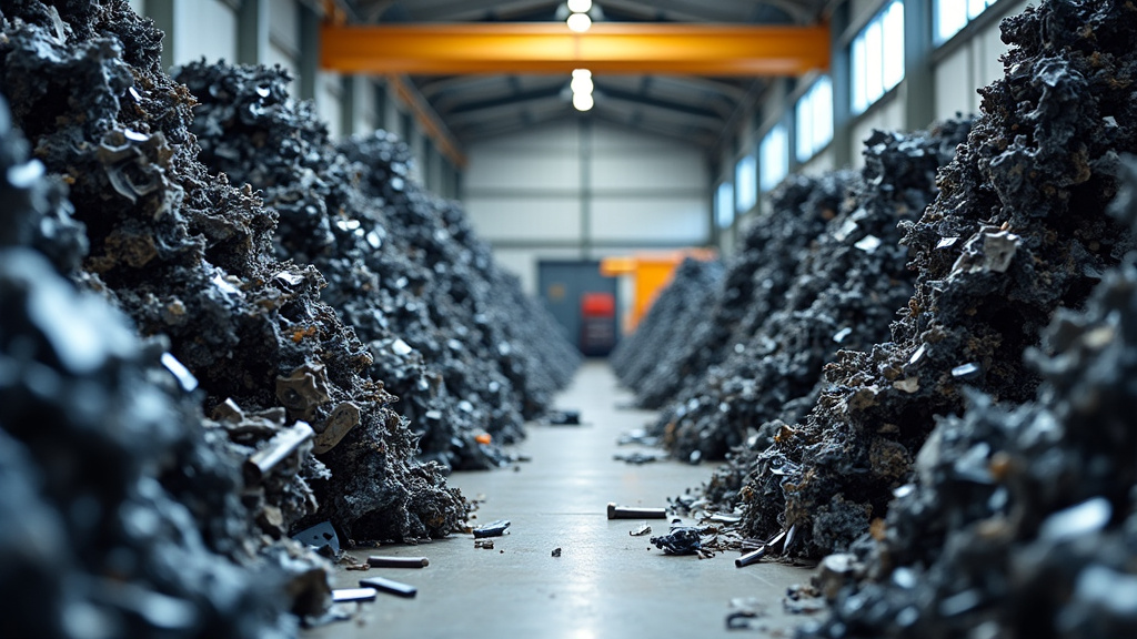 Des piles de pièces automobiles triées et recyclées dans un centre VHU moderne et organisé. On y voit des métaux, plastiques et pneus séparés pour leur valorisation.