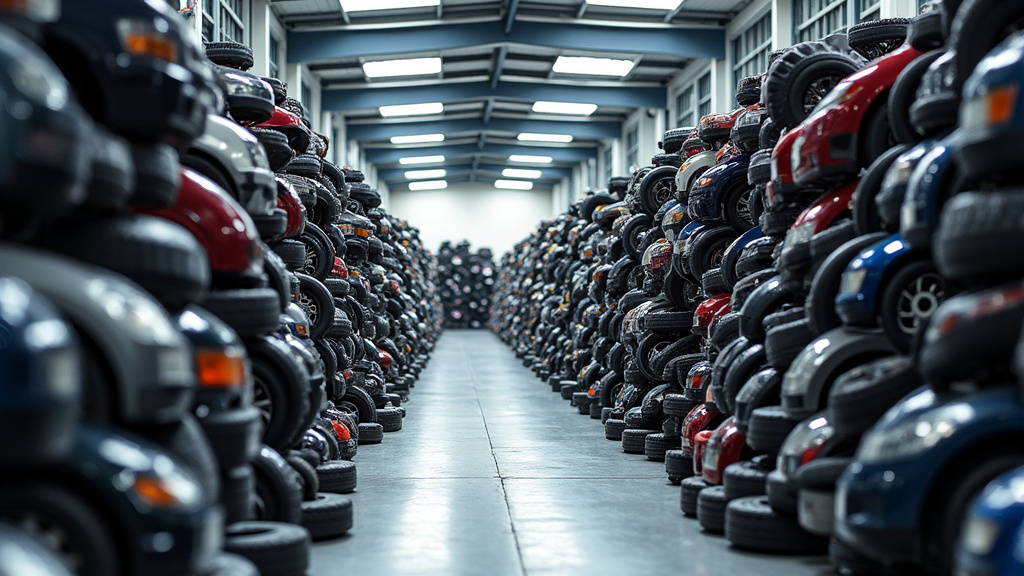 Des piles de pièces automobiles triées par catégorie (métal, plastique, pneus) dans un grand centre de recyclage moderne et bien organisé.