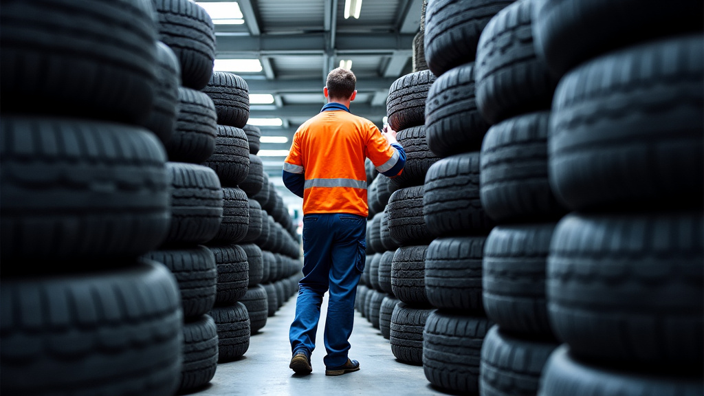 Des piles de pneus usagés et des cadres de véhicules métalliques sont visibles dans un centre de recyclage VHU moderne. Un ouvrier en tenue de sécurité inspecte les matériaux.