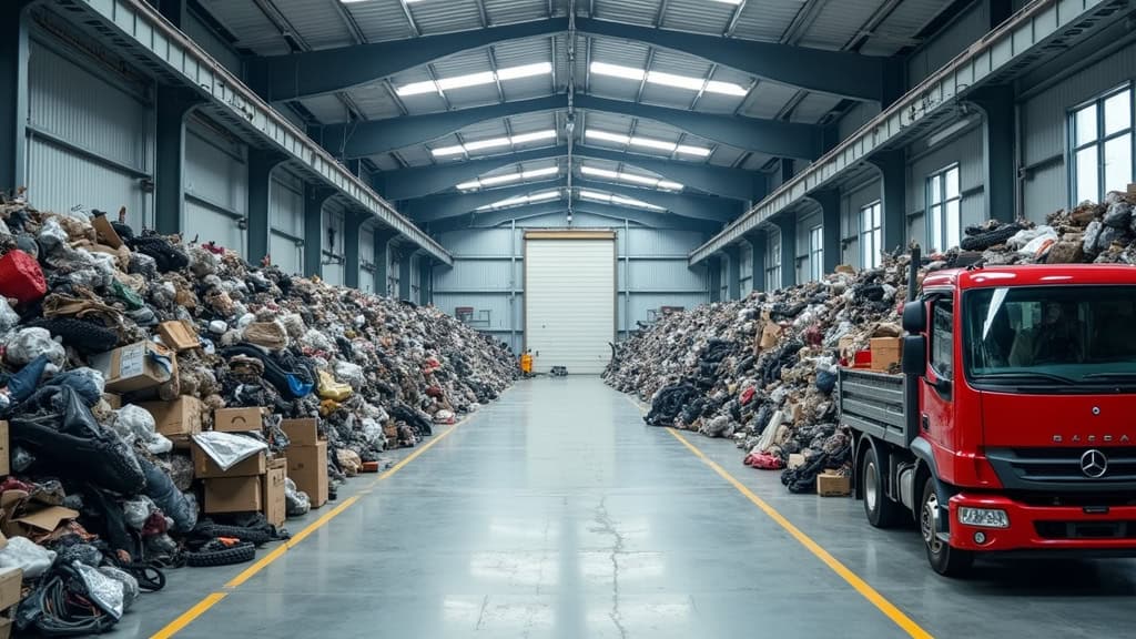 Des piles de véhicules compressés et de pièces détachées triées dans un centre de recyclage VHU moderne. Des machines de tri sont visibles en arrière-plan.
