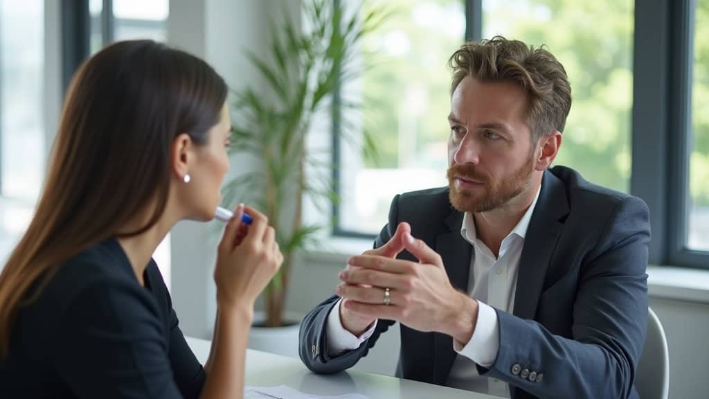 Deux personnes discutant avec un agent d