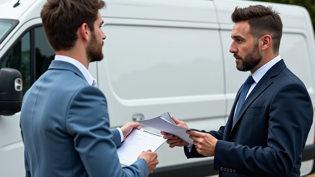 Deux personnes, un propriétaire et un épaviste professionnel, échangent des documents de véhicule à côté d