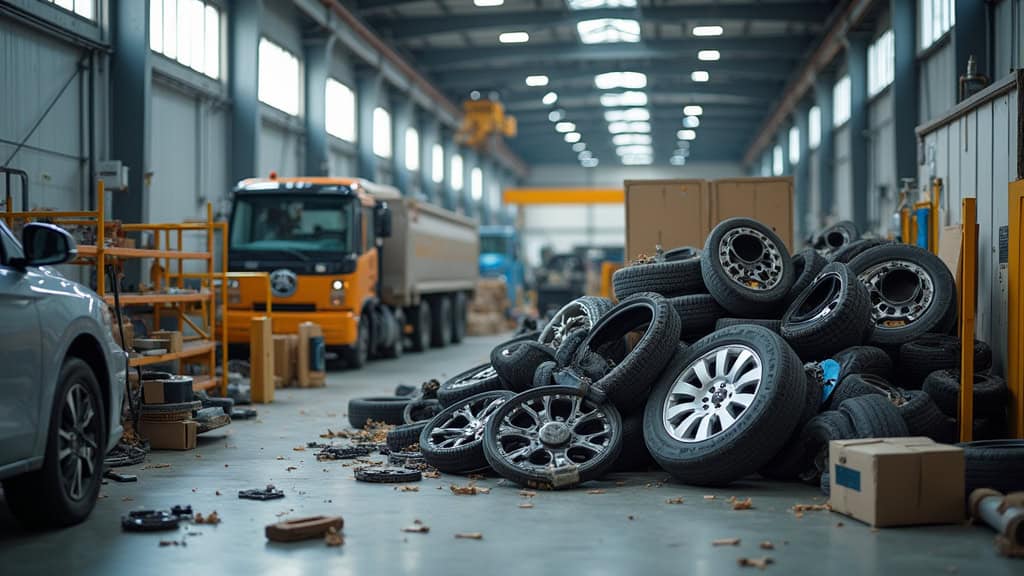 Piles de pneus et roues usagées dans un centre de récupération auto.