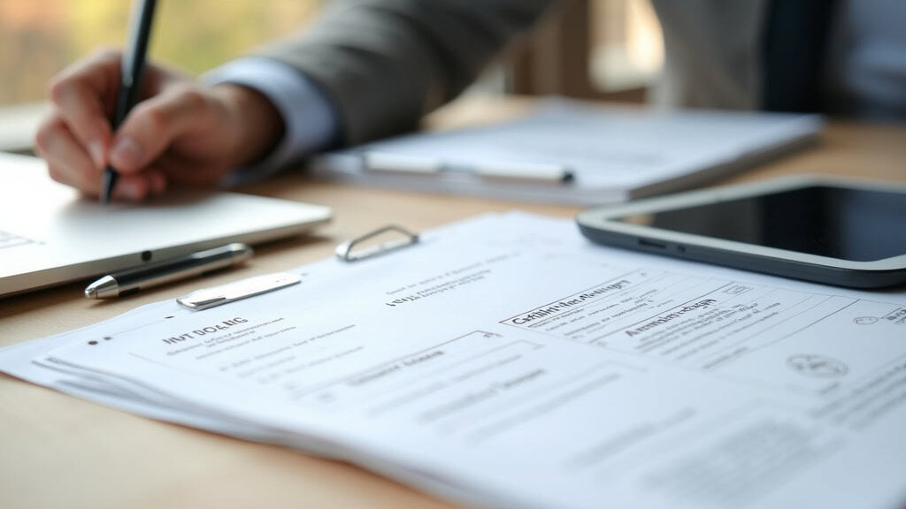 Photo de documents administratifs et smartphone sur bureau.