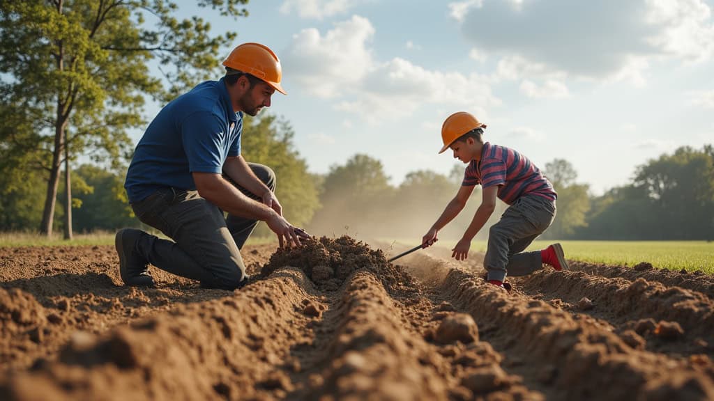 Travailleur et enfant dans un champ, préparation du sol avec des outils agricoles, soleil de soirée.