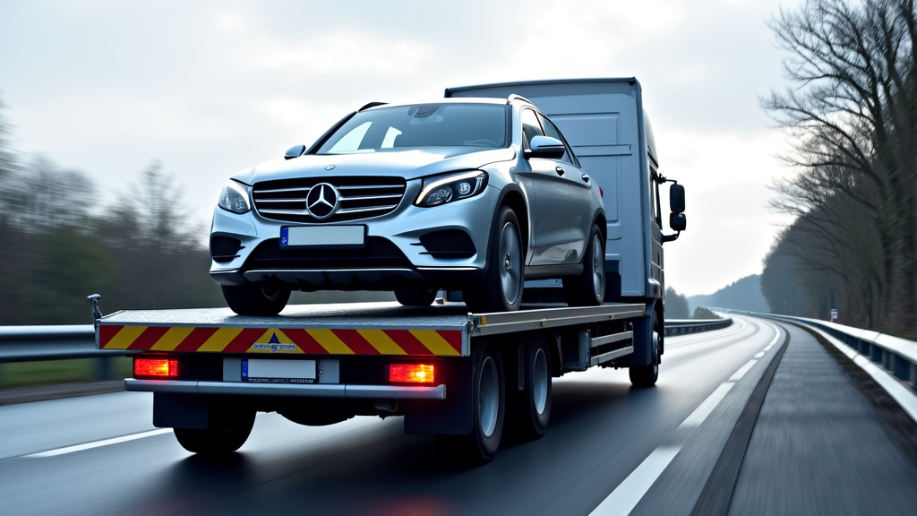 Épaviste en train de charger une voiture sur un camion plateau avec un palan mécanique