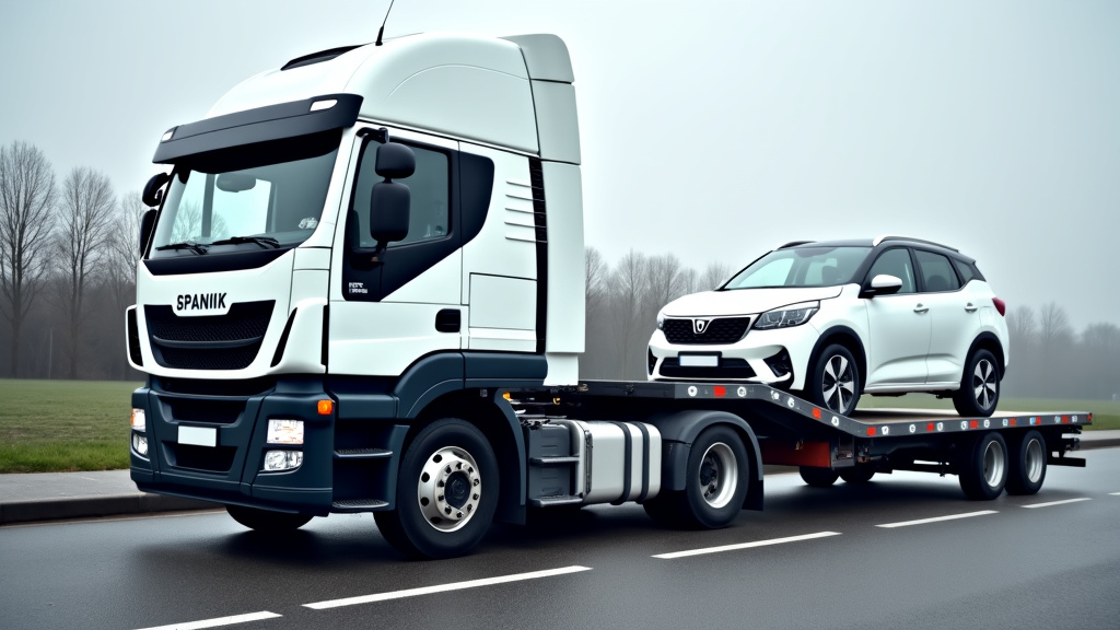 Épaviste en train d’enlever une voiture à Launoy, Aisne, avec un camion plateau