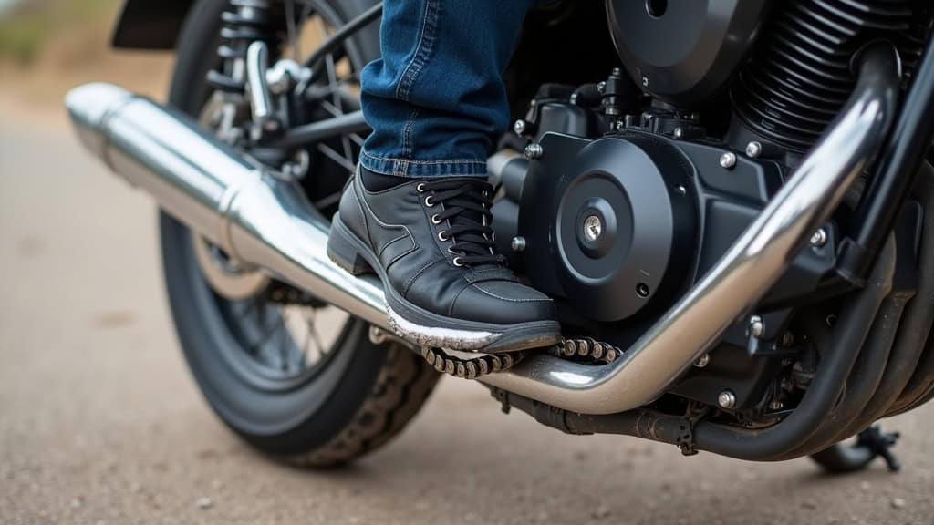 Graisse à chaîne pour route, appliquée sur un maillon de chaîne de moto en conditions de conduite urbaine et sèche