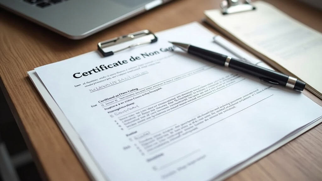 Gros plan sur des documents administratifs (carte grise, certificat de non-gage) posés sur une planche à pince, symbolisant les formalités nécessaires à l