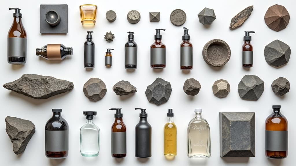 Alt : Divers flacons, pierres et éléments décoratifs en pierre sur fond blanc pour recyclage.