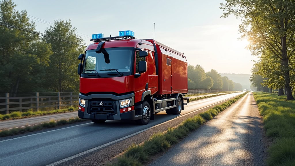 Véhicule de dépannage rouge en route, service épaviste Nord rapide et professionnel, enlèvement et recyclage écologique.