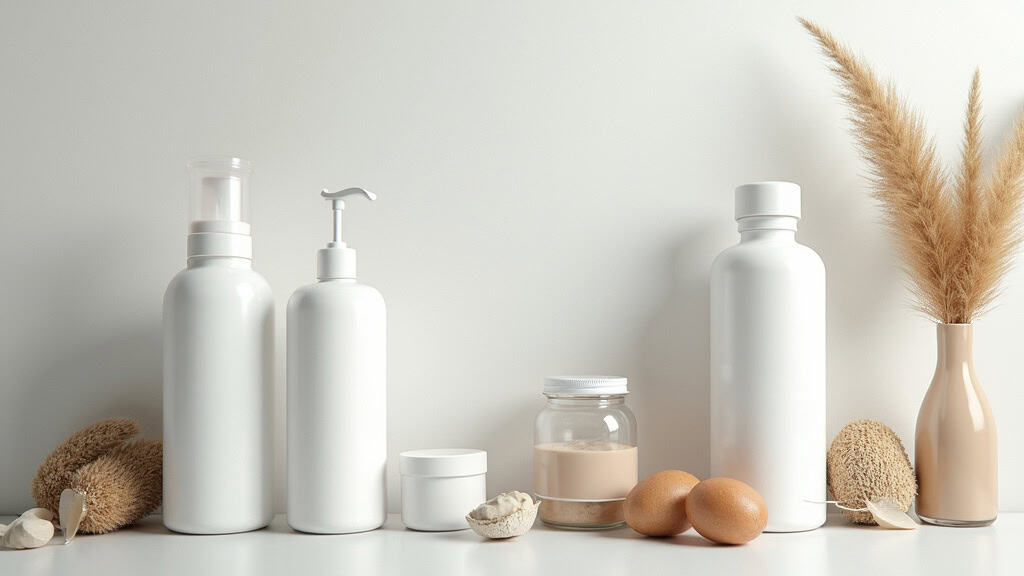 Alt="Bouteilles blanches pour produits cosmétiques ou soins biologiques, décoration naturelle et apaisante.".